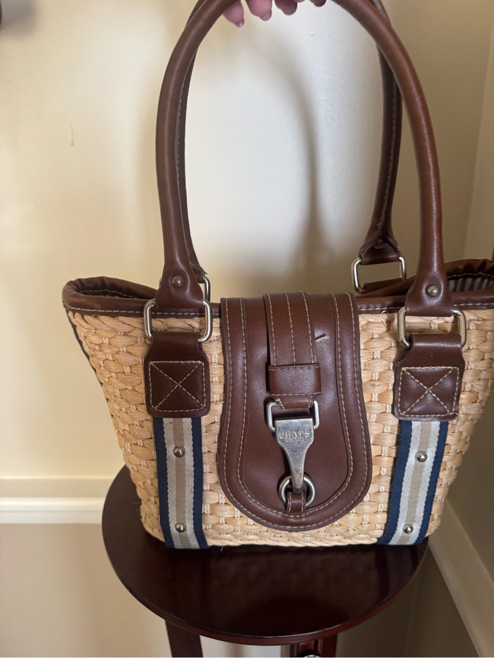 Chaps Ralph Lauren Brown Leather-Trim Woven Tote with Blue & Cream Stripe
